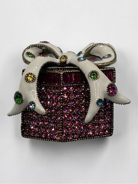 Heidi Daus Pink Rhinestone Crystal Enamel Gift Box Brooch Pin